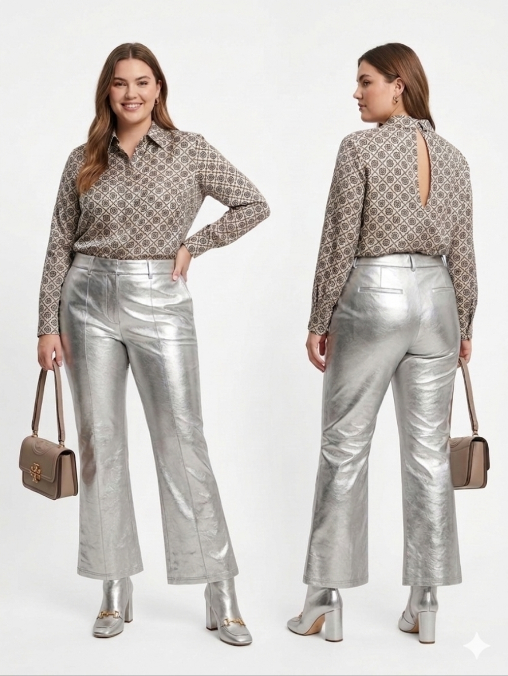7 For All Mankind Metallic Silver Faux Leather Cropped Flare Pants - Size M - Picture 4 of 10
